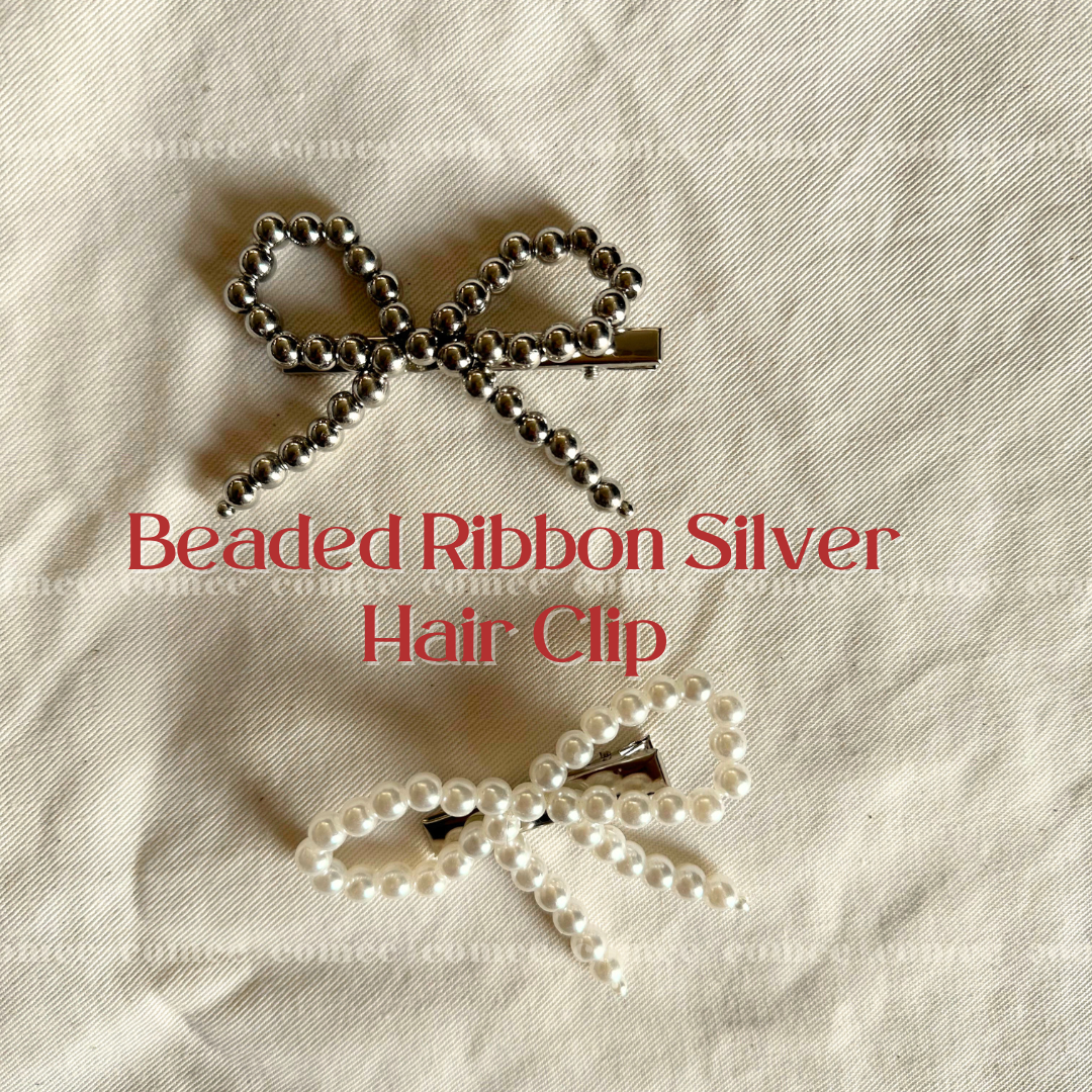 Beaded Ribbon Silver Hair Clip