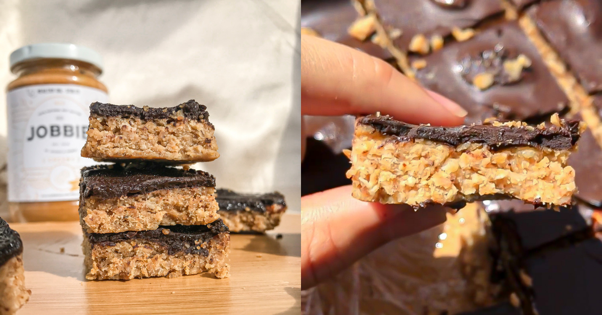 No Bake Chocolate Protein JOBBIE Peanut Butter Bar