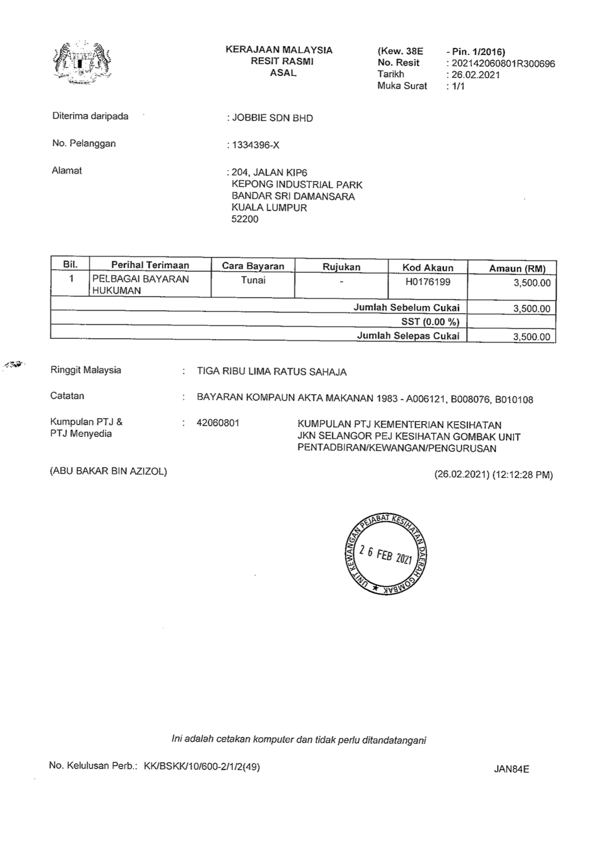 JOBBIE fined RM7000 by KKM/MOH