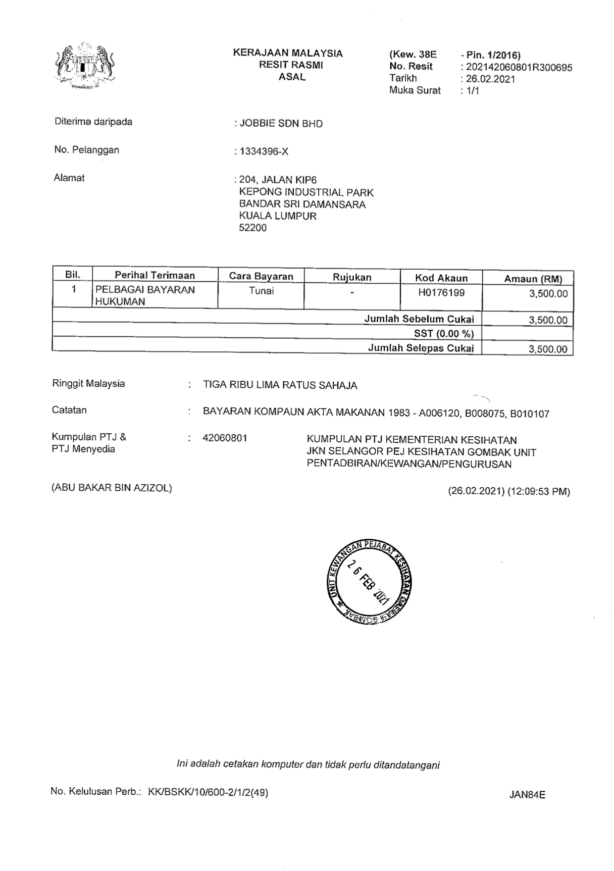 JOBBIE fined RM7000 by KKM/MOH