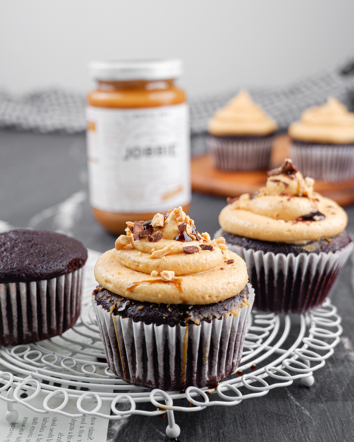 Dark Chocolate Cupcakes with JOBBIE Peanut Butter Cream Cheese Frosting 