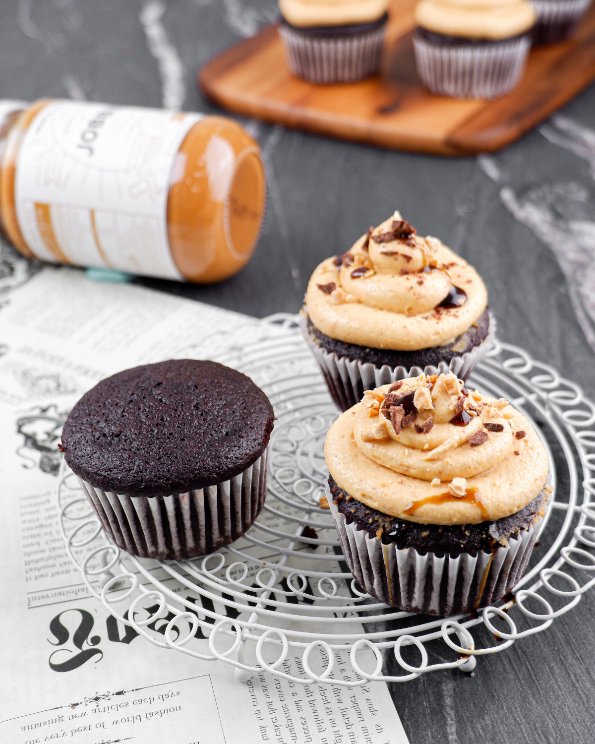 Dark Chocolate Cupcakes with JOBBIE Peanut Butter Cream Cheese Frosting 