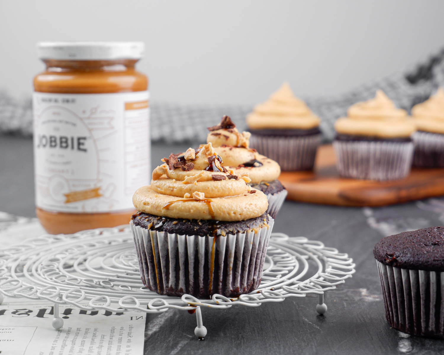 Dark Chocolate Cupcakes with JOBBIE Peanut Butter Cream Cheese Frosting