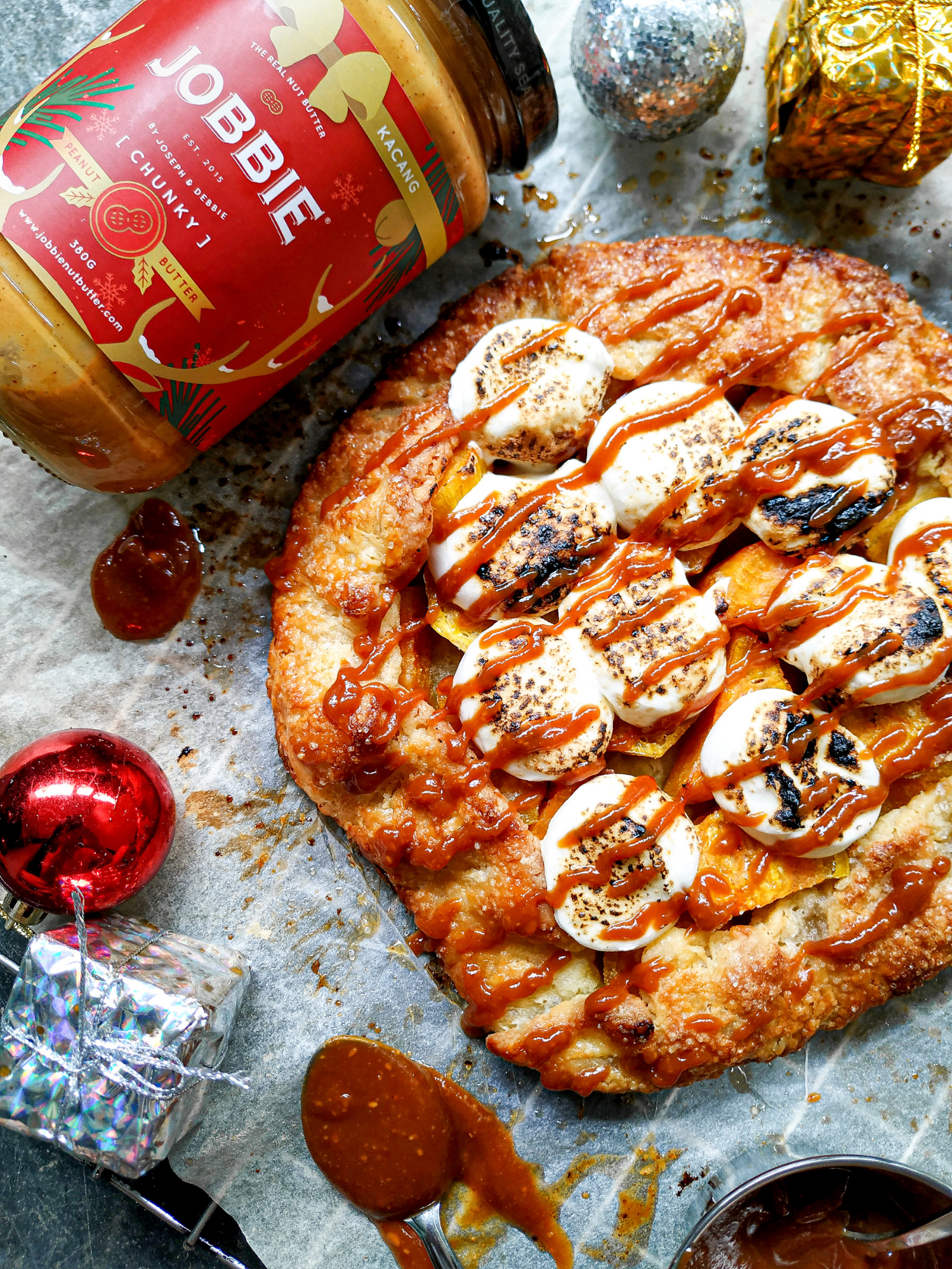 JOBBIE Peanut Butter Praline Galette with Sweet Potato and Marshmallows