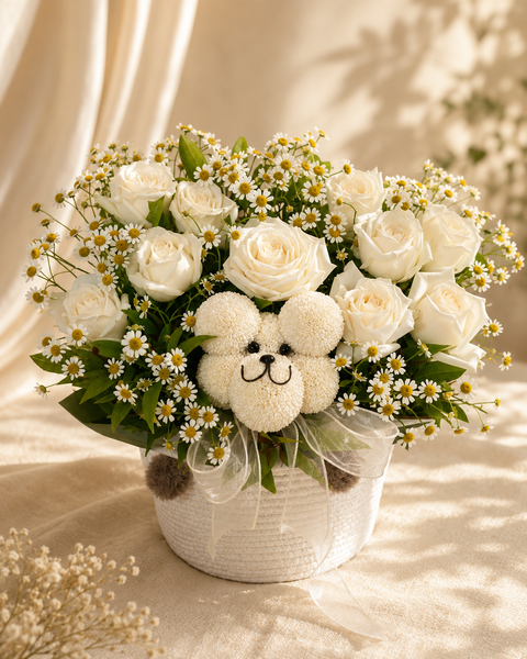 white rose teddy bouquet