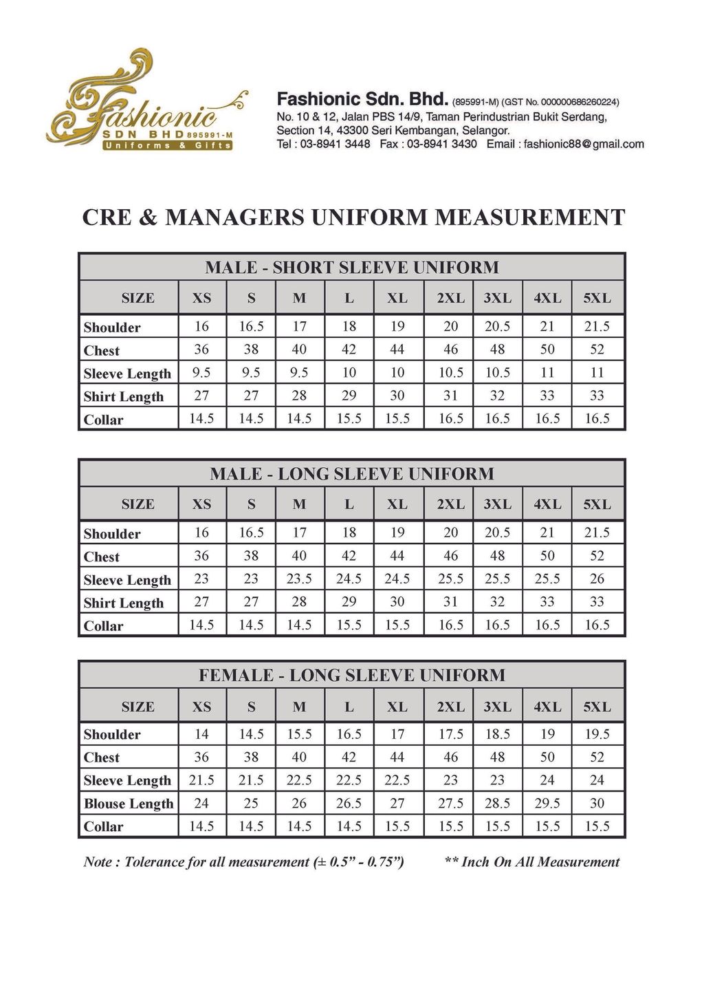 Honda CRE & MANAGERS Uniform Measurement