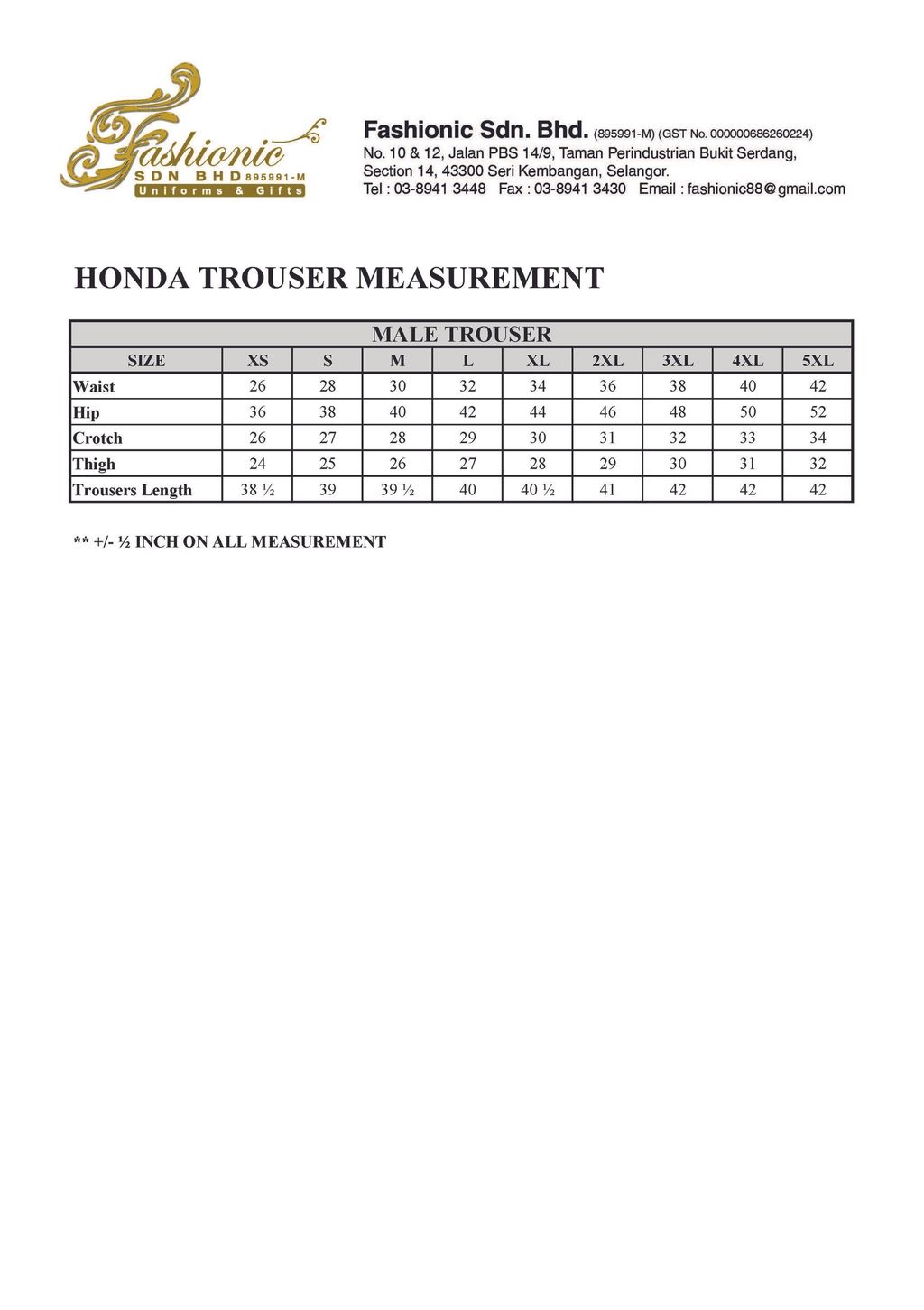 Honda Pants Measurement