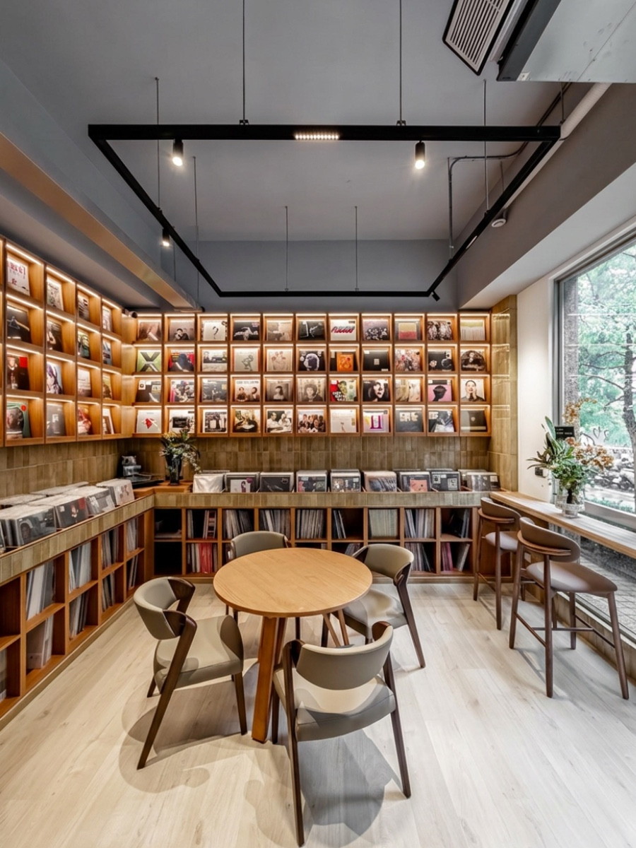 AVC Coffee Roasters 黑膠咖啡館店內整面黑膠唱片牆與座位區