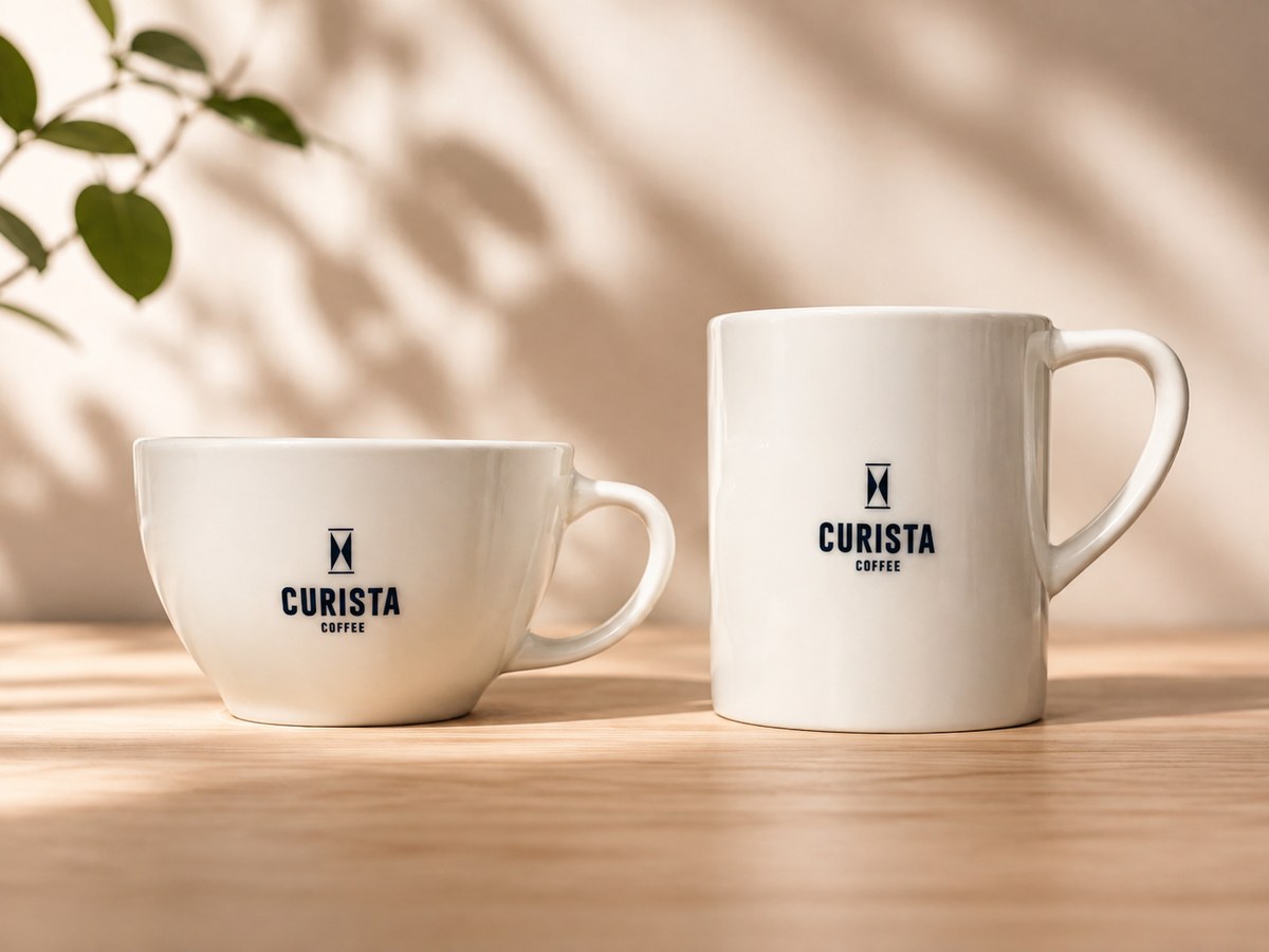 Loveramics 愛陶樂蛋形卡布奇諾杯與 Bond 馬克杯並排,兩只白瓷杯身皆印有 CURISTA COFFEE 藍色沙漏標誌