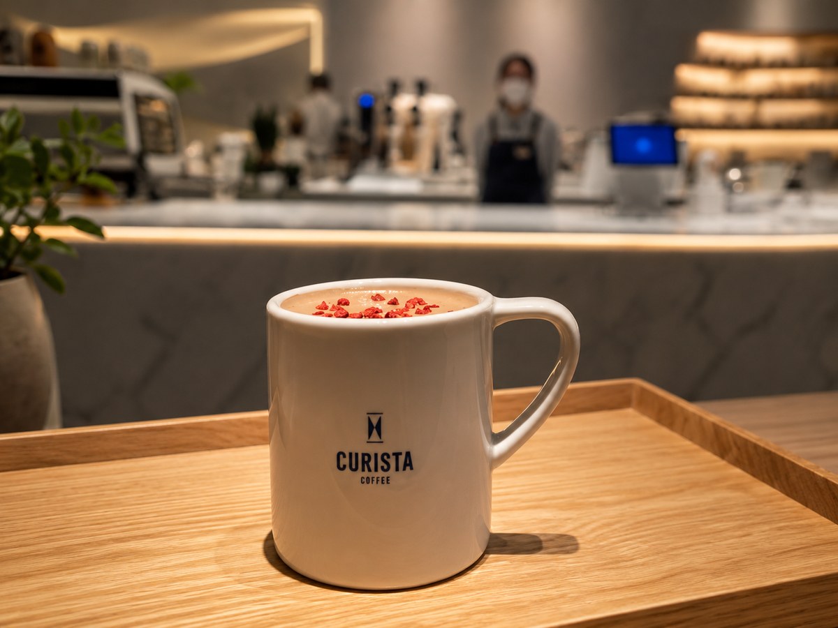 CURISTA COFFEE 奎士咖啡市府旗艦店吧台前,白色 Bond 馬克杯盛裝咖啡拿鐵,杯身印有藍色沙漏標誌