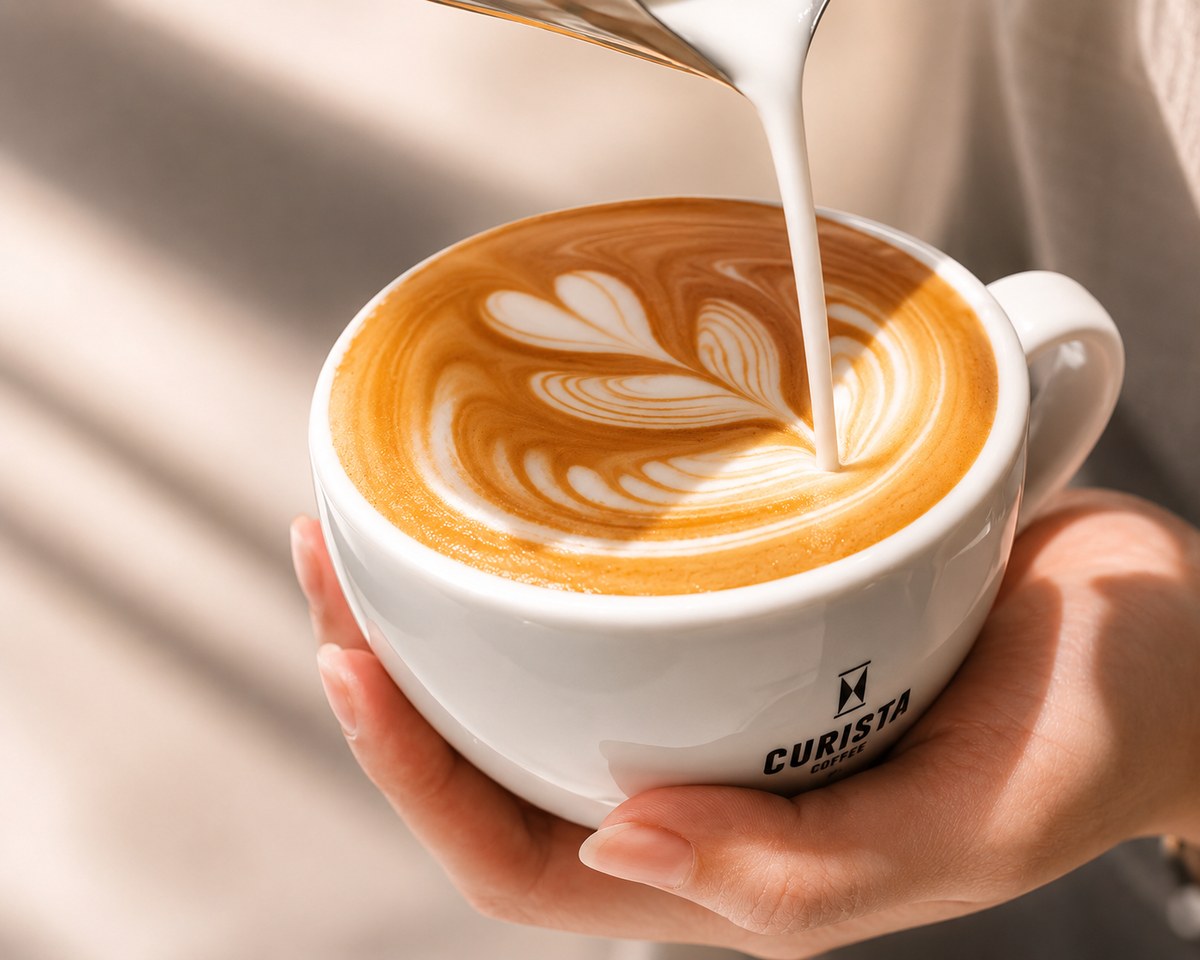 咖啡師將奶泡注入印有 CURISTA COFFEE 標誌的白色 Loveramics 蛋形咖啡杯,拉出鬱金香拉花