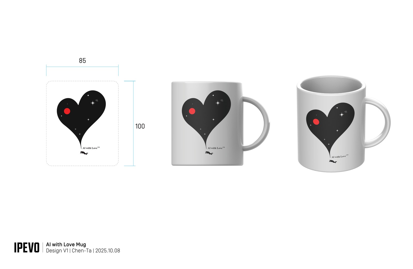 AI with Love 客製馬克杯設計稿,圖稿尺寸 85 × 100 mm 與杯身模擬
