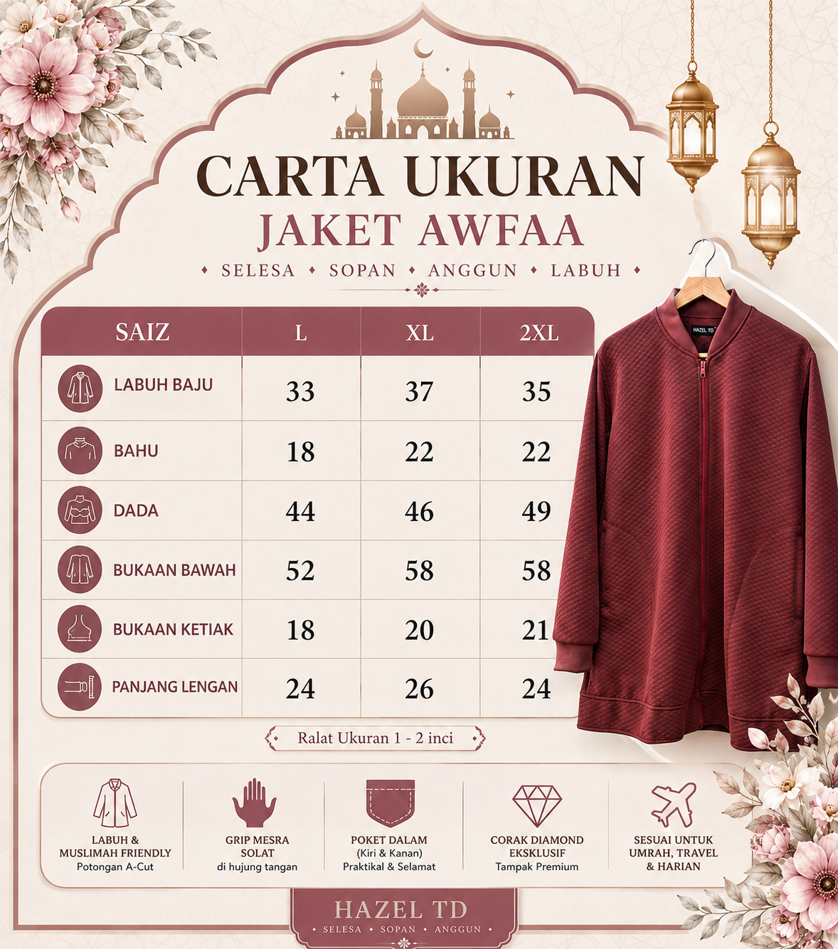 Carta Ukuran Awfaa L sehingga 2XL