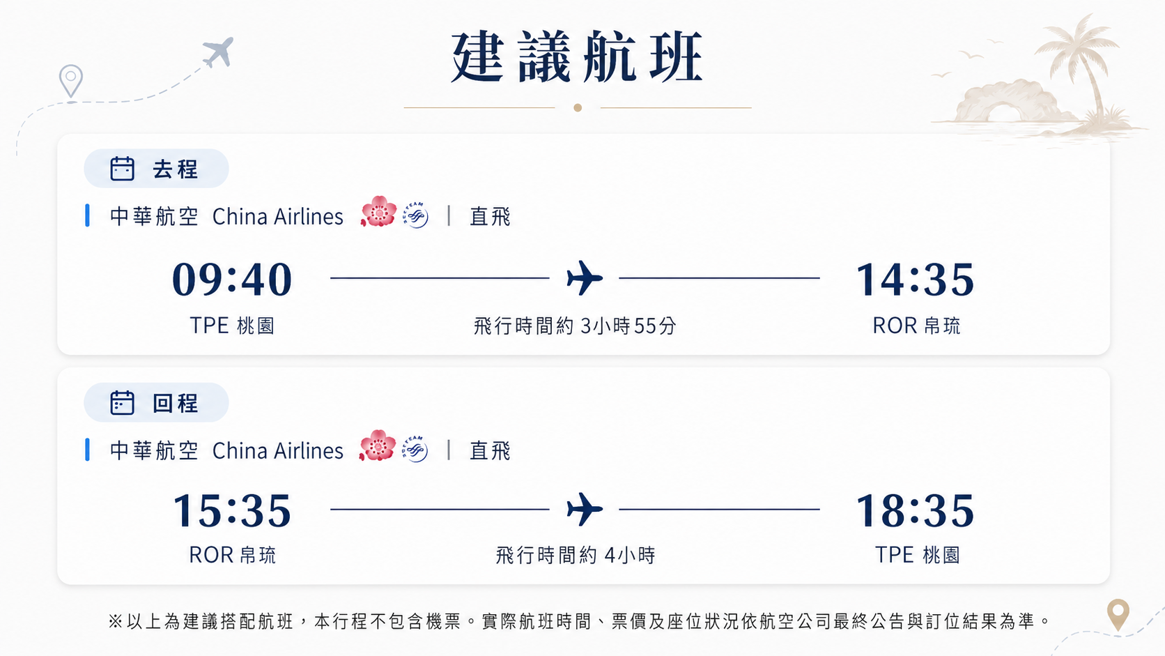 建議航班｜中華航空桃園直飛帛琉