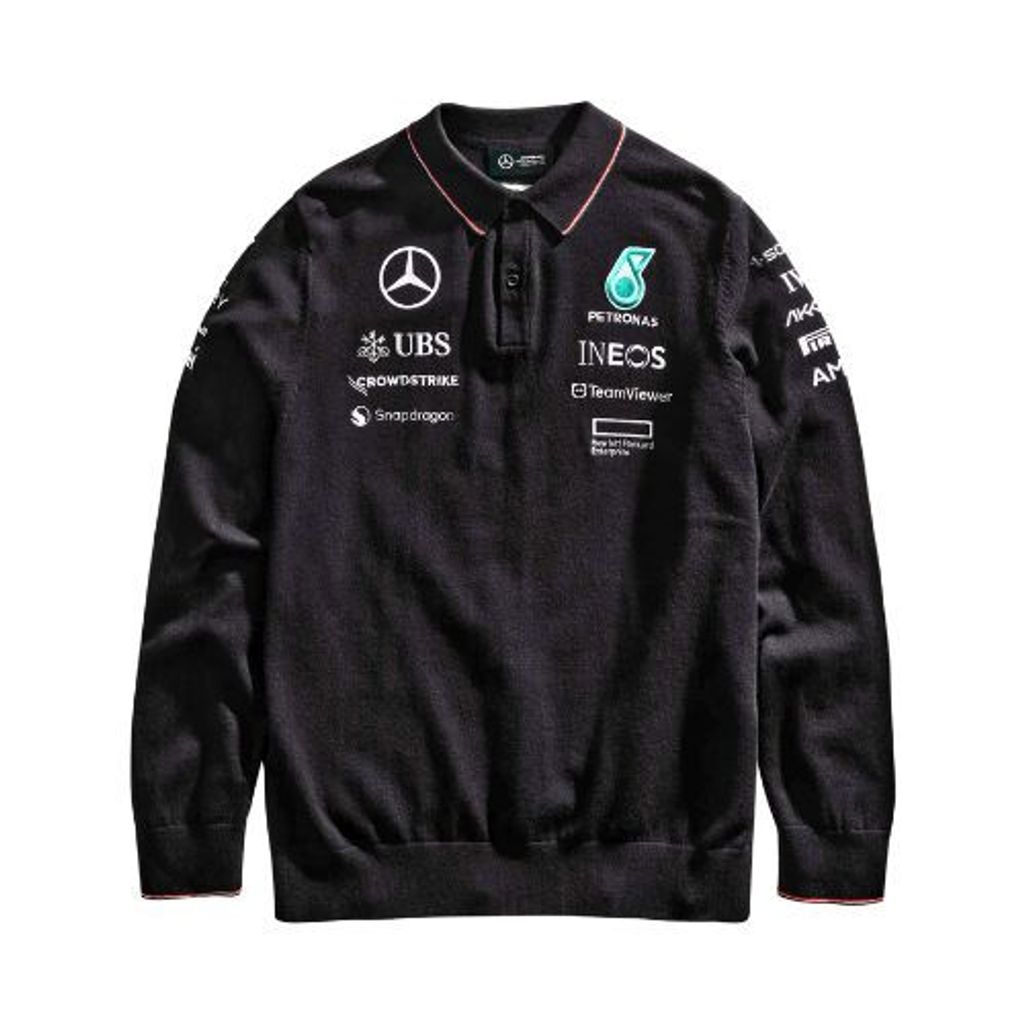 MERCEDES-AMG PETRONAS 2024 MENS KNIT LONG SLEEVE POLO BLACK 1