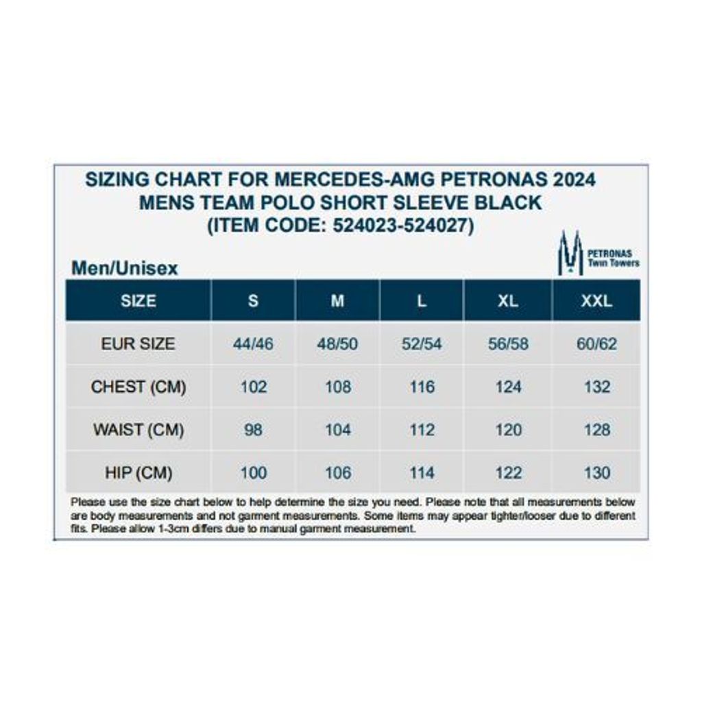 Mercedes-Amg Petronas 2024 Mens Team Polo Short Sleeve Black Size Chart