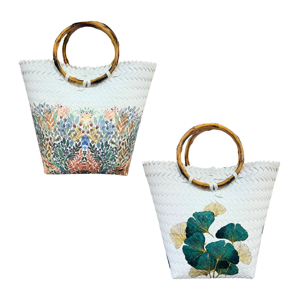Handmade Decoupage Borneo Weave Bag with Rattan Handle Both Design