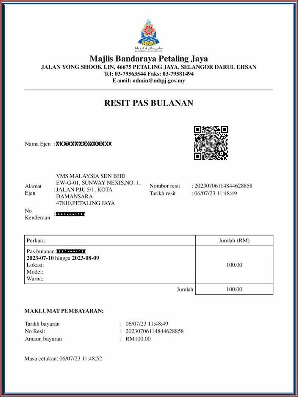 MBPJ Parking Pass Receipt