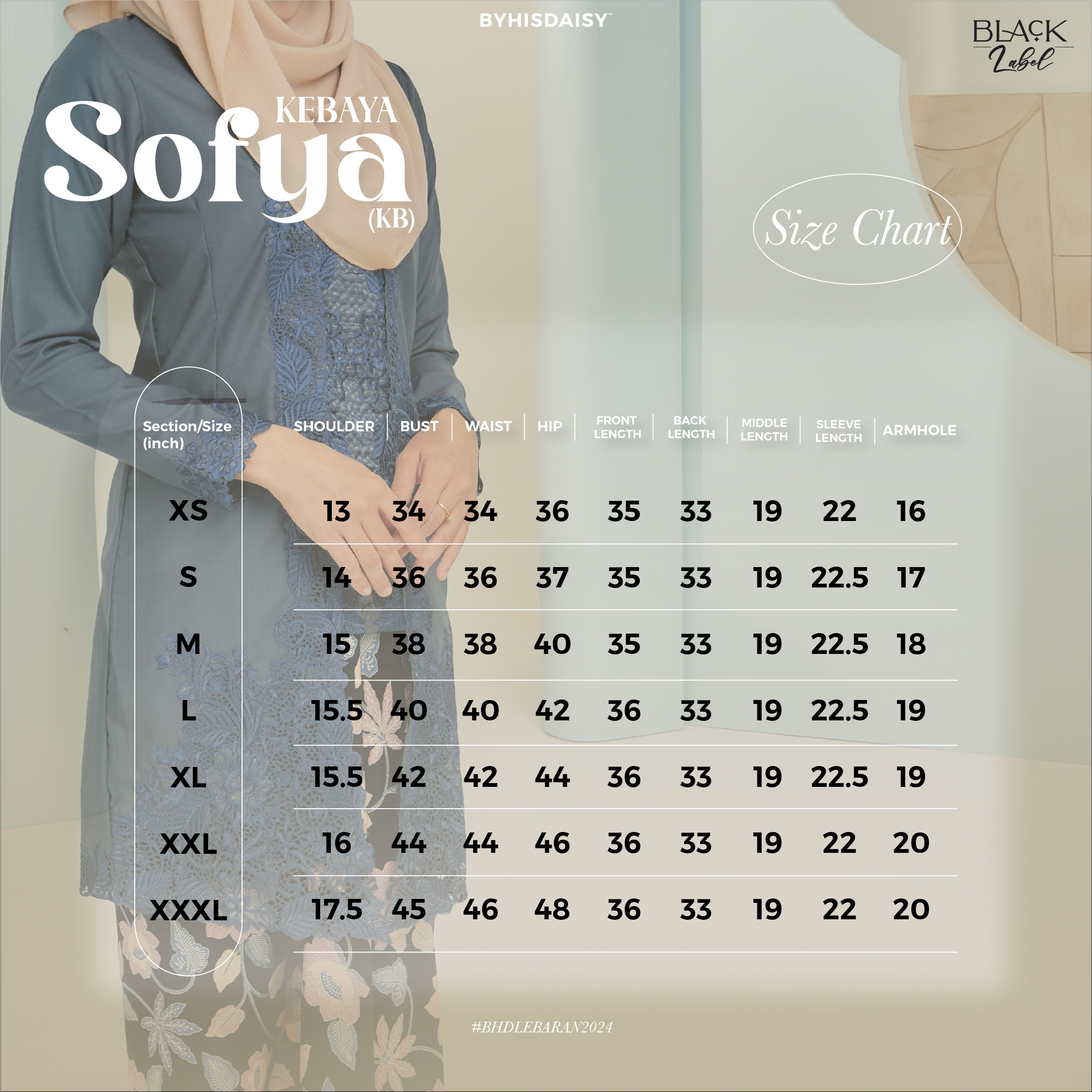 SIZE CHART KEBAYA SOFYA