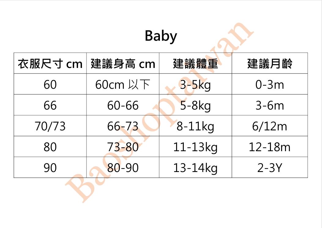 衣服尺寸baby