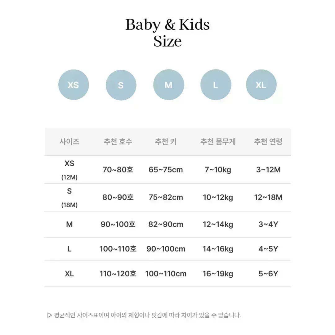 Baby & Kids 사이즈표(XS~XL)