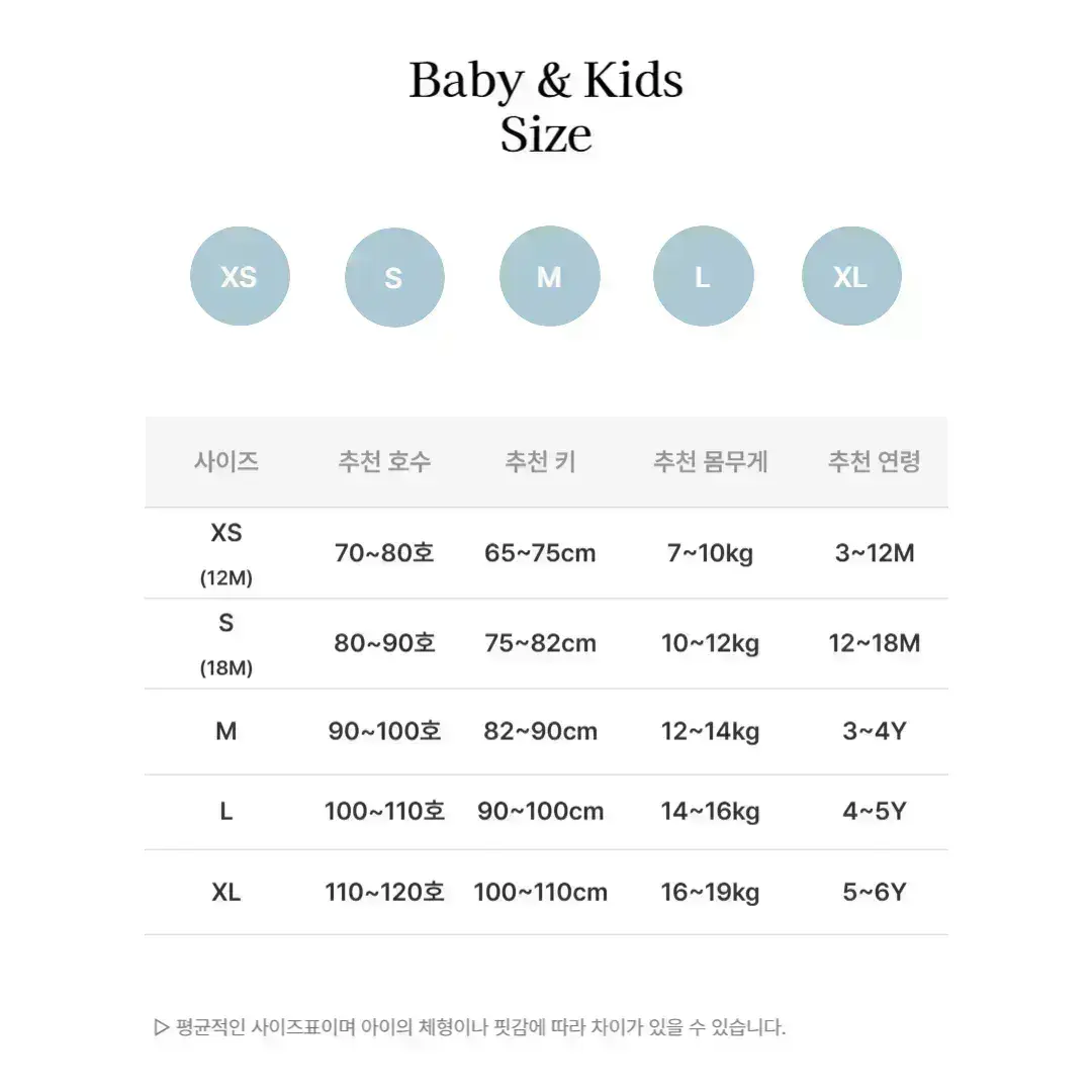 Baby & Kids 사이즈표(XS~XL)