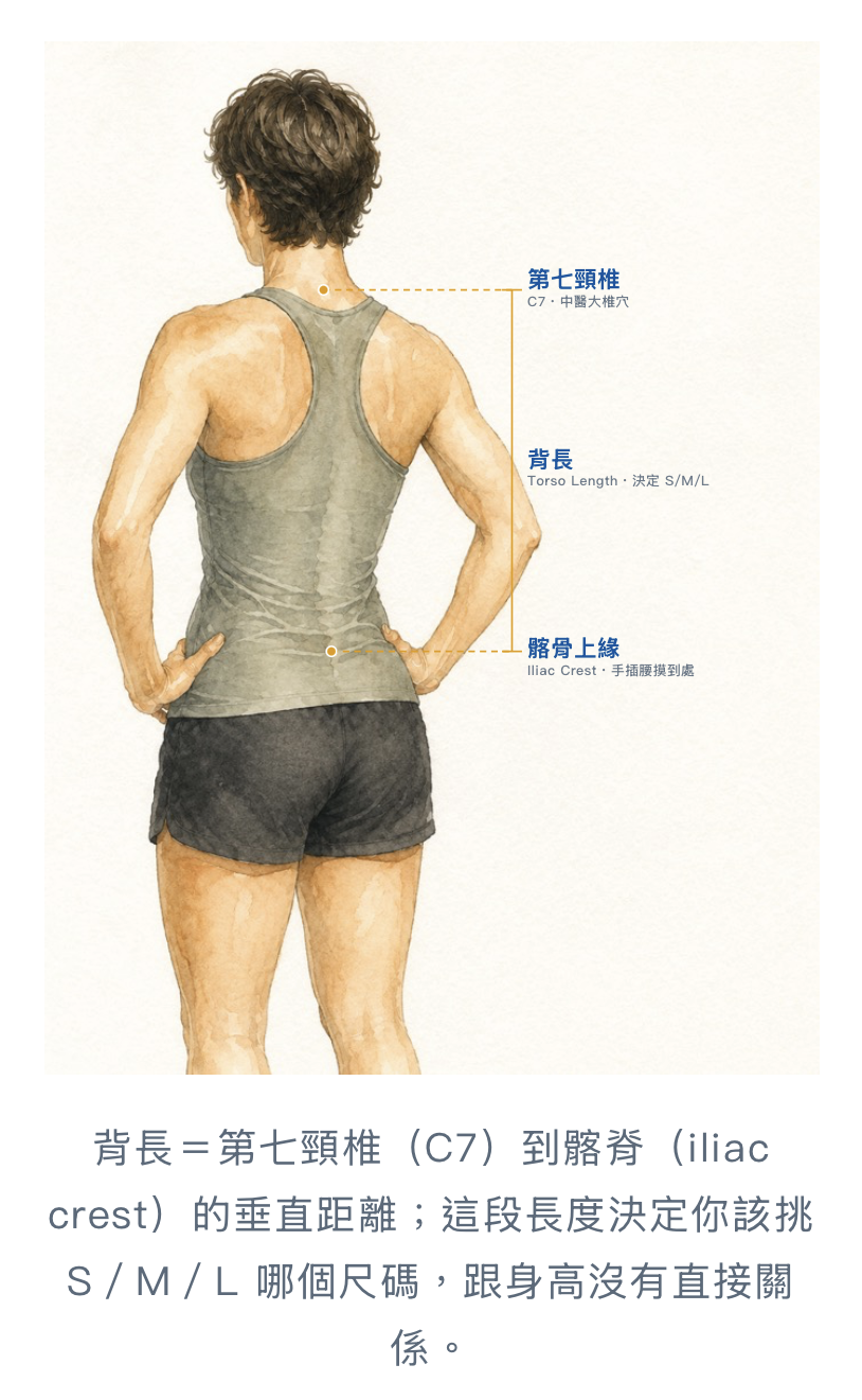 背長怎麼量：第七頸椎 C7 到髂骨上緣的垂直距離，決定 S/M/L 尺碼（跟身高無關）