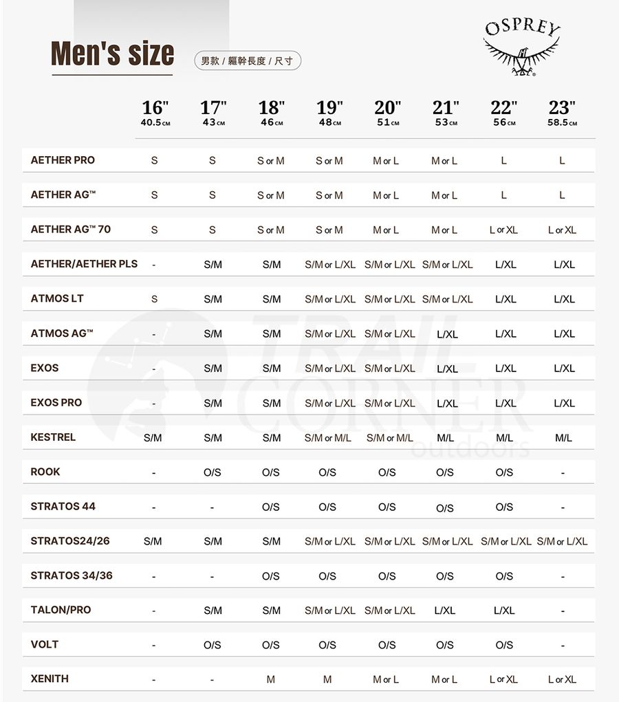 Osprey 男款尺寸對照表 STRATOS 44 單一尺寸 O S