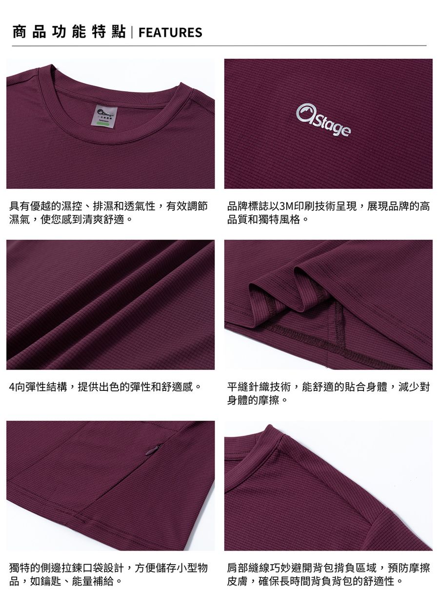 【AStage】Buff 透氣快乾短袖排汗運動上衣 男 葡萄酒紫 (A11202-0021)|Polygiene 銀離子機能運動上衣 功能特點