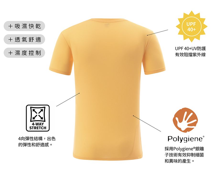 【AStage】Buff 透氣快乾短袖排汗運動上衣 男 蜂蜜橘 (A11202-0021)|Polygiene 銀離子機能運動上衣 機能說明