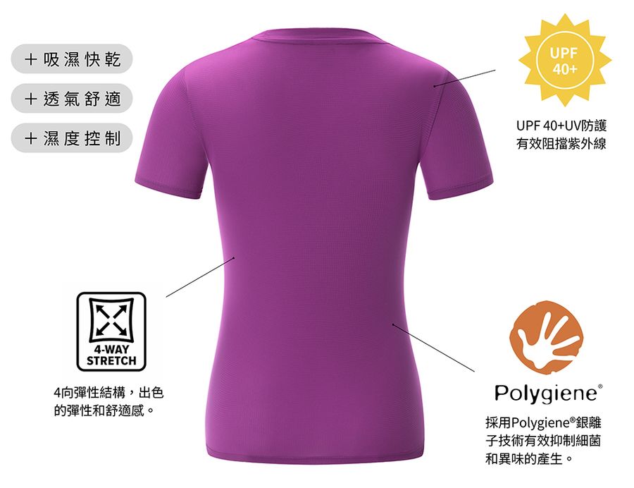 【AStage】Cypress 透氣快乾短袖排汗運動上衣 女 珍珠紫(A21202-0026)|Polygiene 銀離子機能運動上衣 機能說明