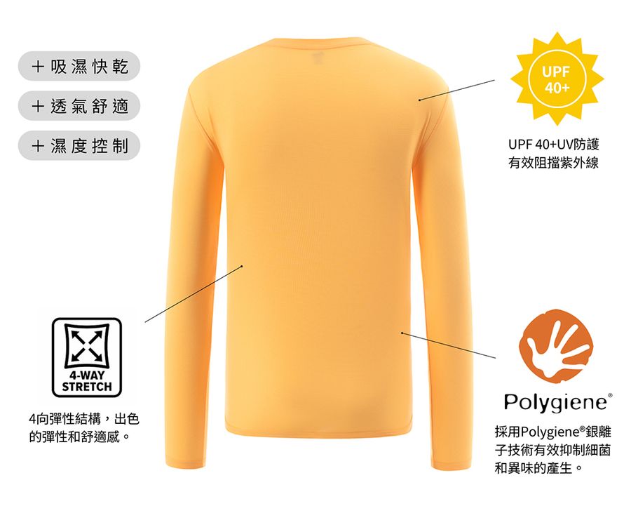 【AStage】Cypress 透氣快乾長袖排汗運動上衣 男 蜂蜜橘 (A11202-0022)|Polygiene 銀離子機能運動上衣 機能說明