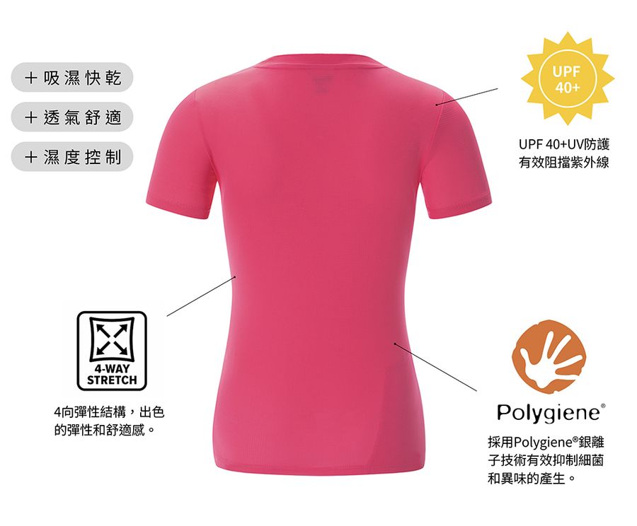 【AStage】Buff 透氣快乾短袖排汗衣 女 青春粉 (A21202-0027)|Polygiene 銀離子機能運動上衣 功能特點