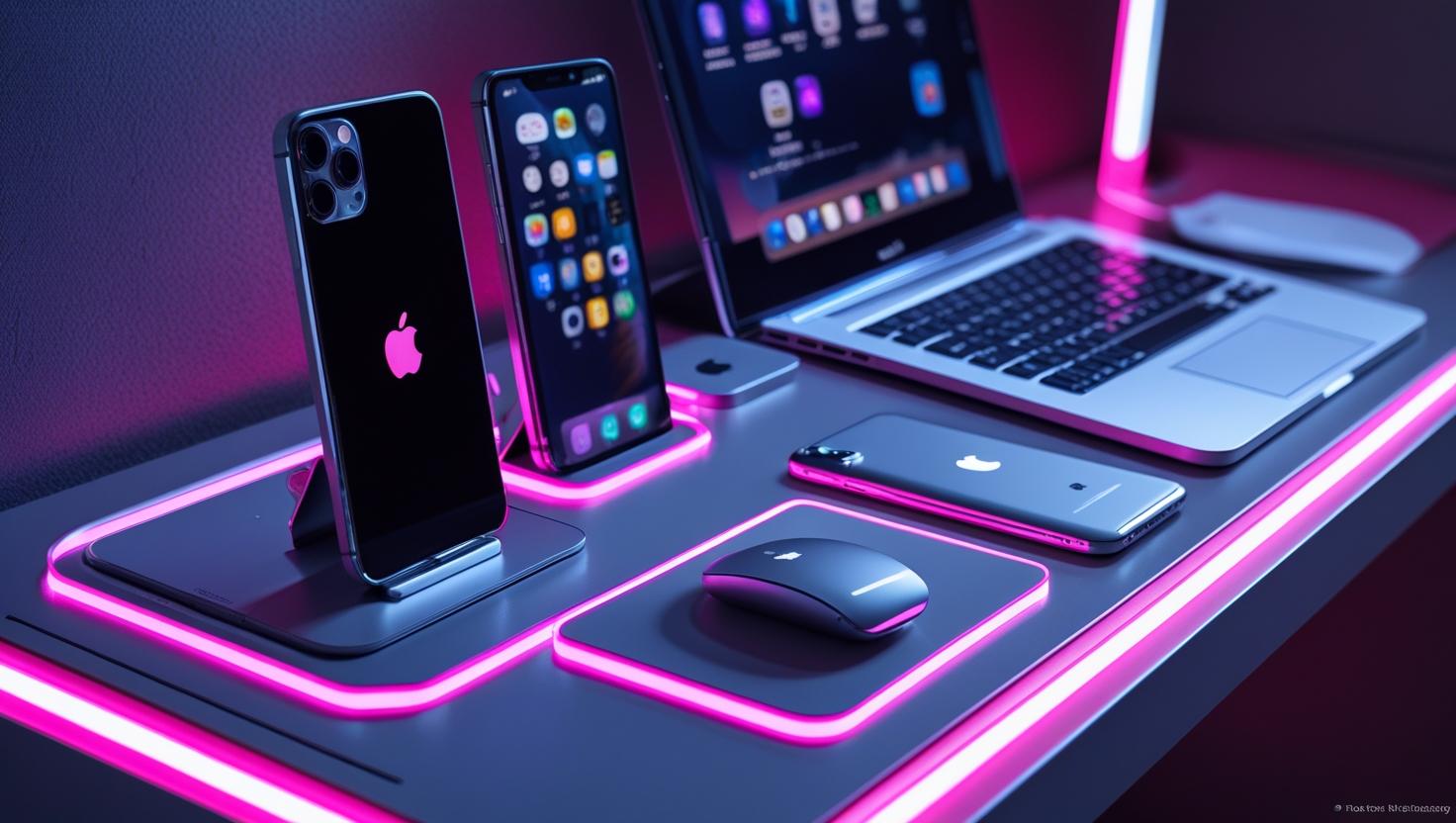 書桌上是蘋果電腦 筆電 iphone ipad 滑鼠鍵盤 書桌是科技感的牆面 牆面上有霓虹led