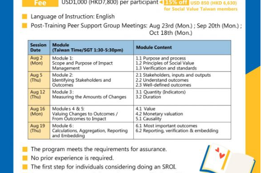 【社會價值與SROI認證訓練 英文線上工作坊】報名已額滿！