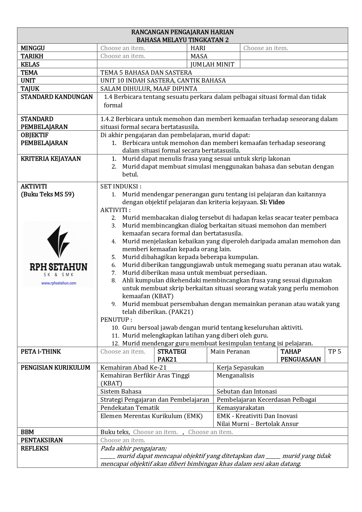 RPH SMK BAHASA MELAYU TINGKATAN 2 (2024/2025) – RPH SETAHUN SK & SMK