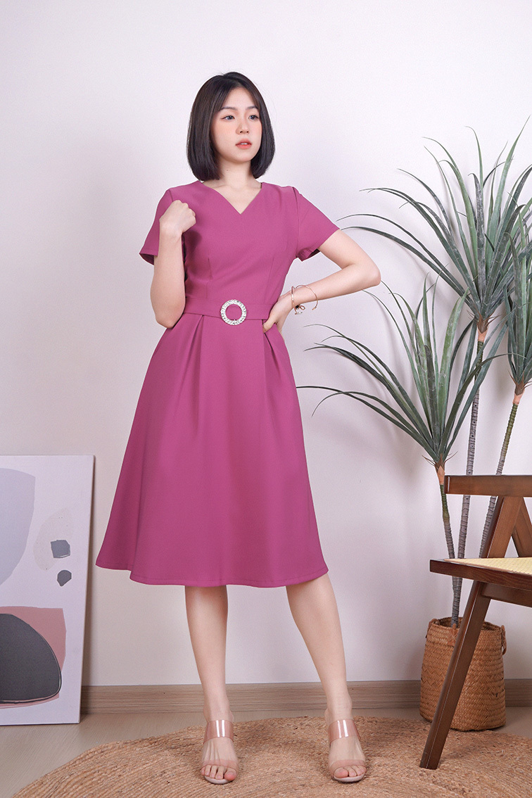 V Neck Diamond Bucket Details Pleated Dress (Violet) – MIYACO
