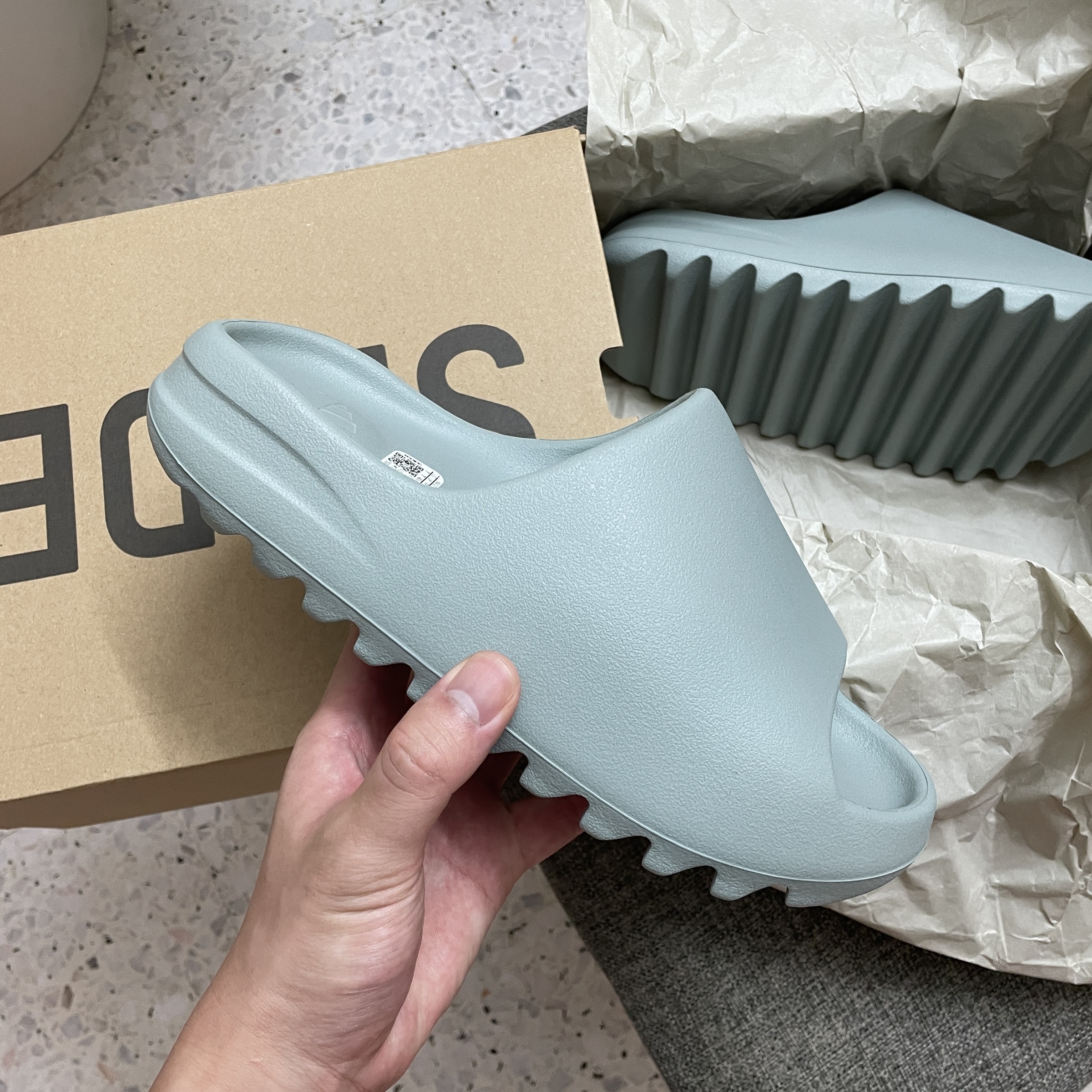 teal yeezy slides