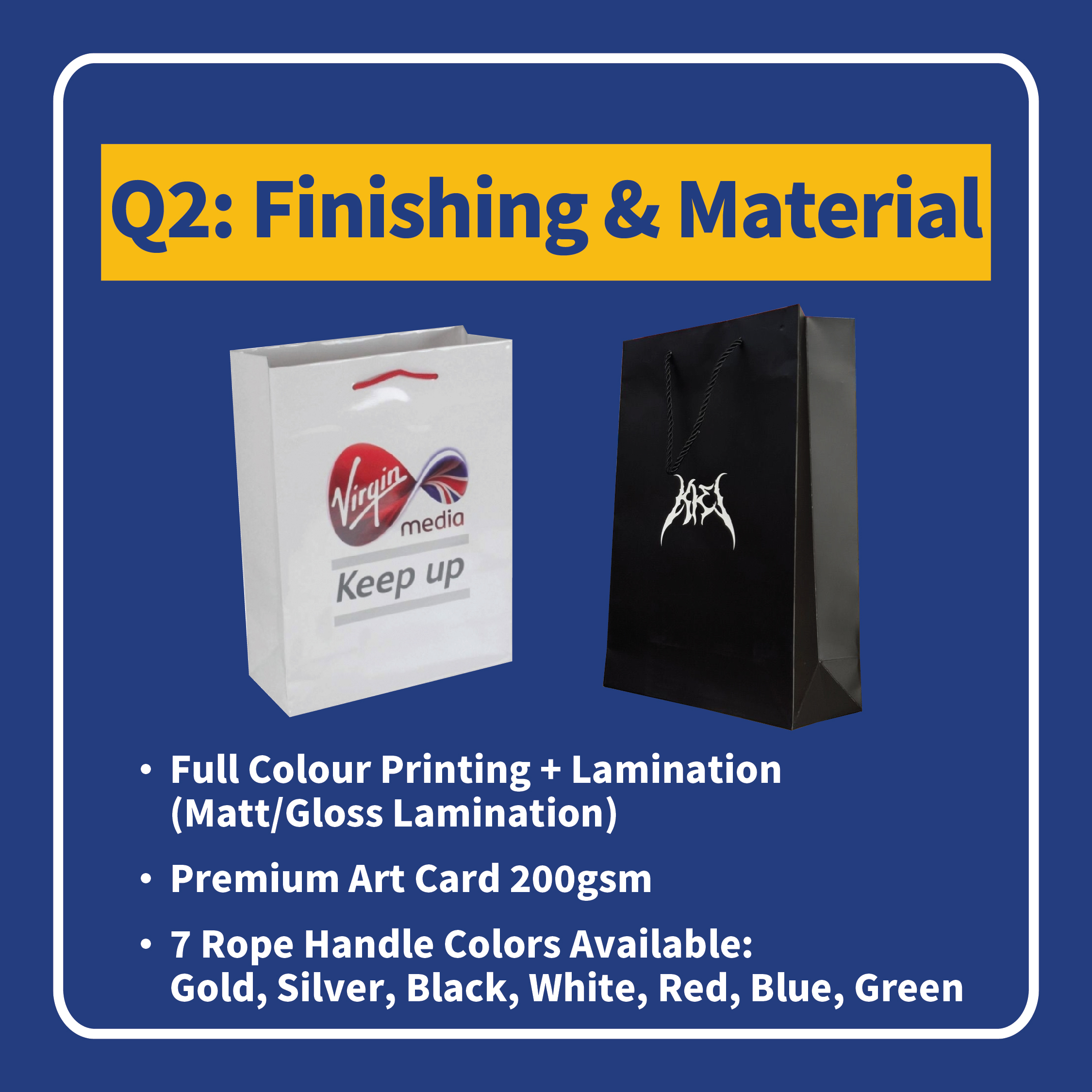 custom paper bag material finishing and rope handle options