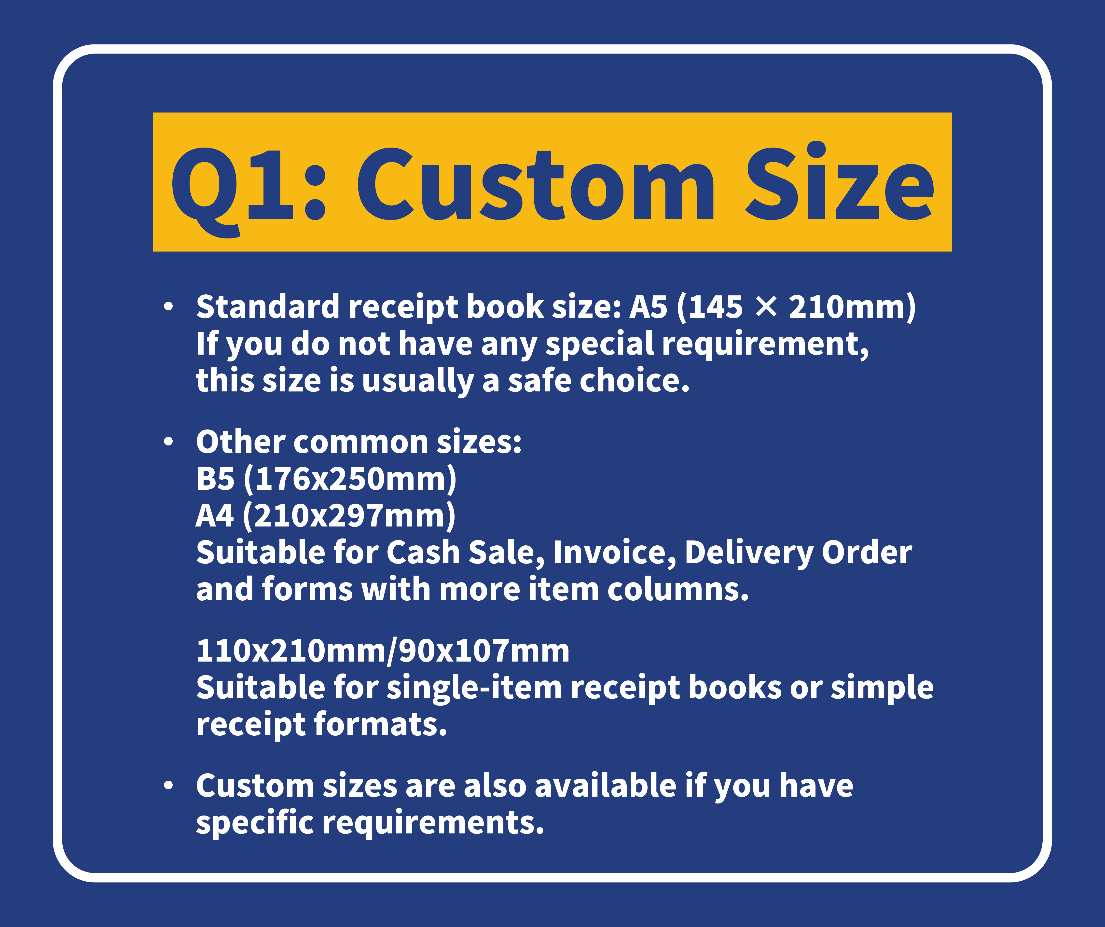 Custom bill book size guide A5 B5 A4 receipt book Malaysia