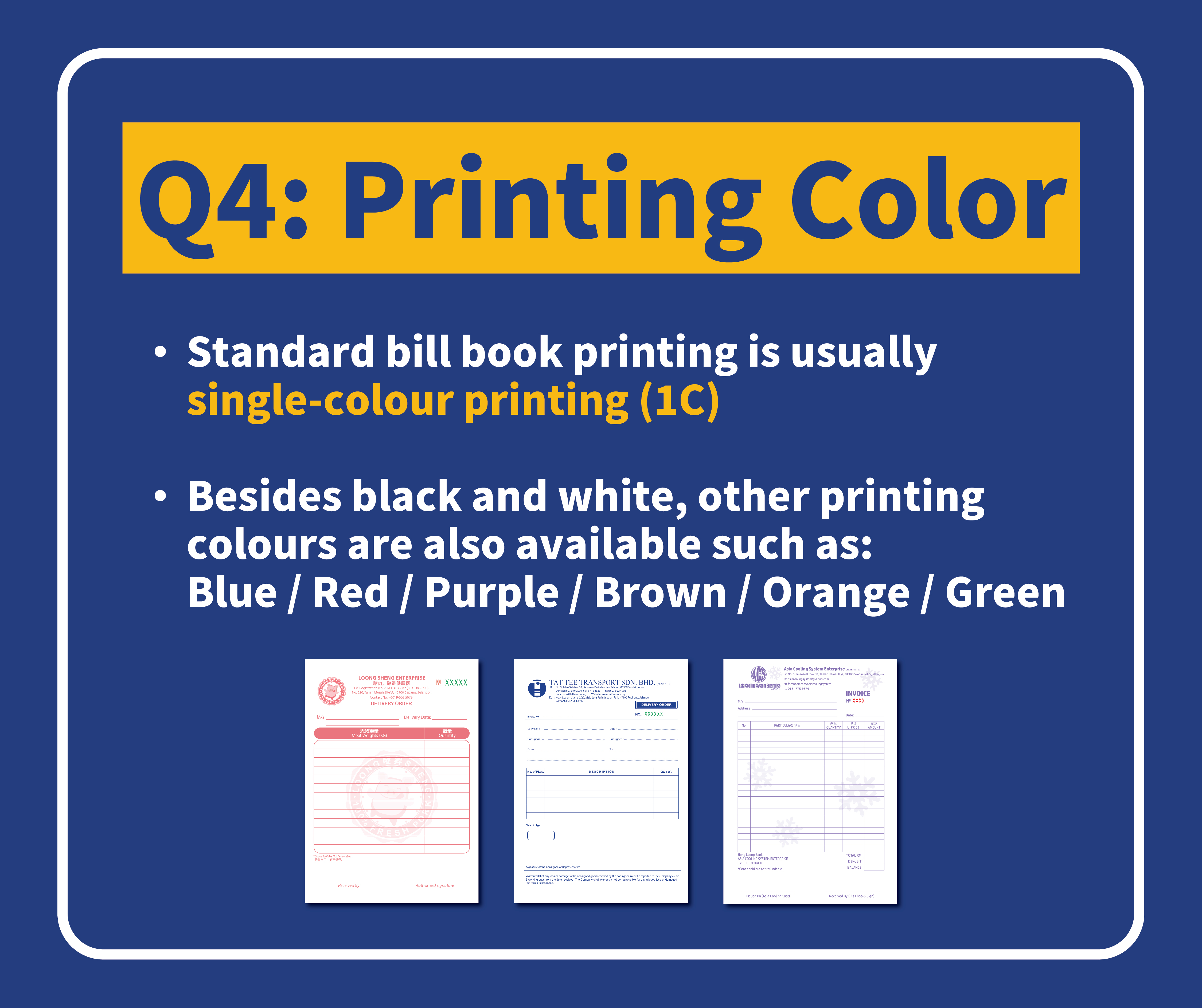 Single colour bill book printing colour options