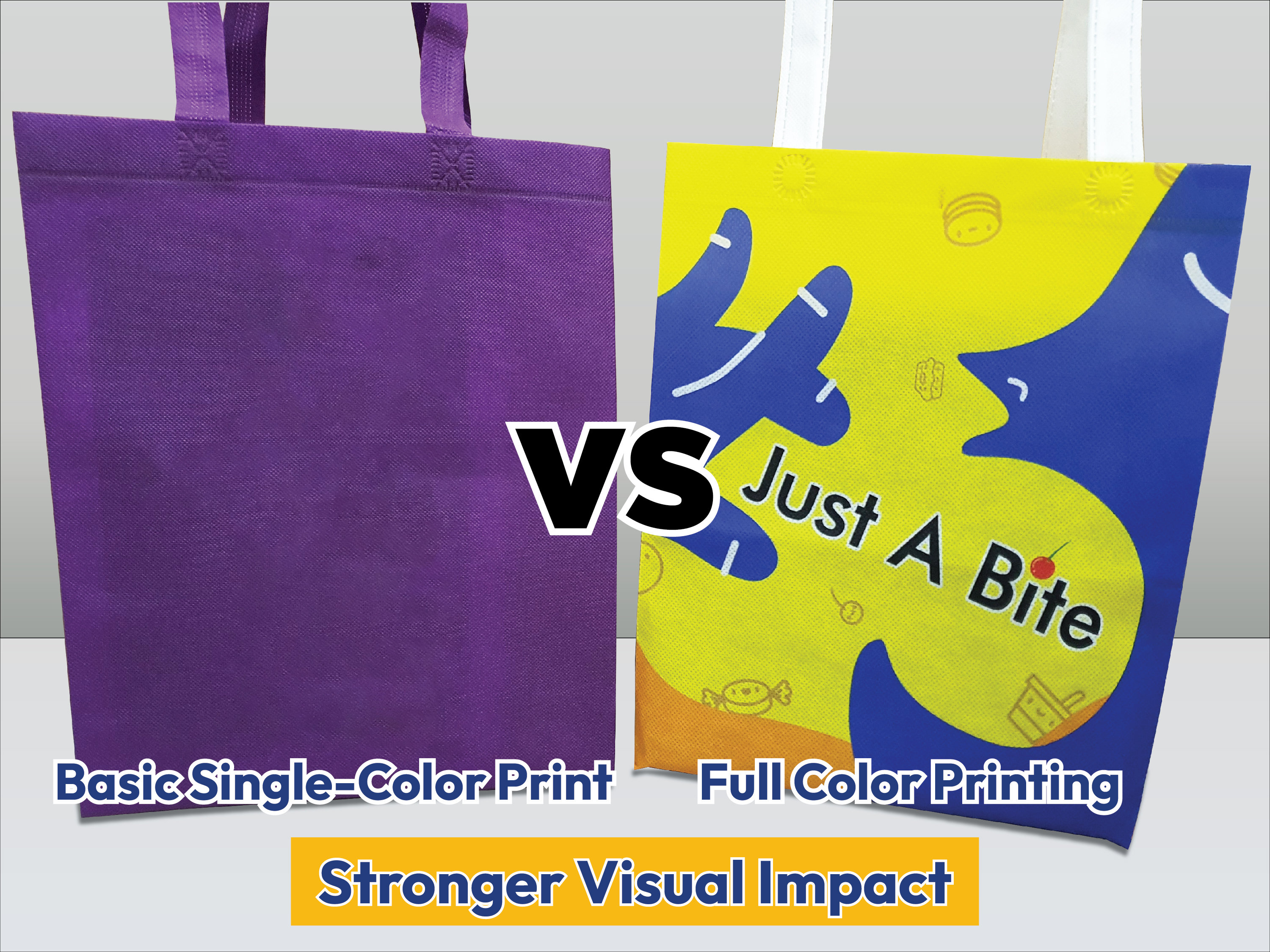 rPET non-woven bag comparison between single colour and full colour printing