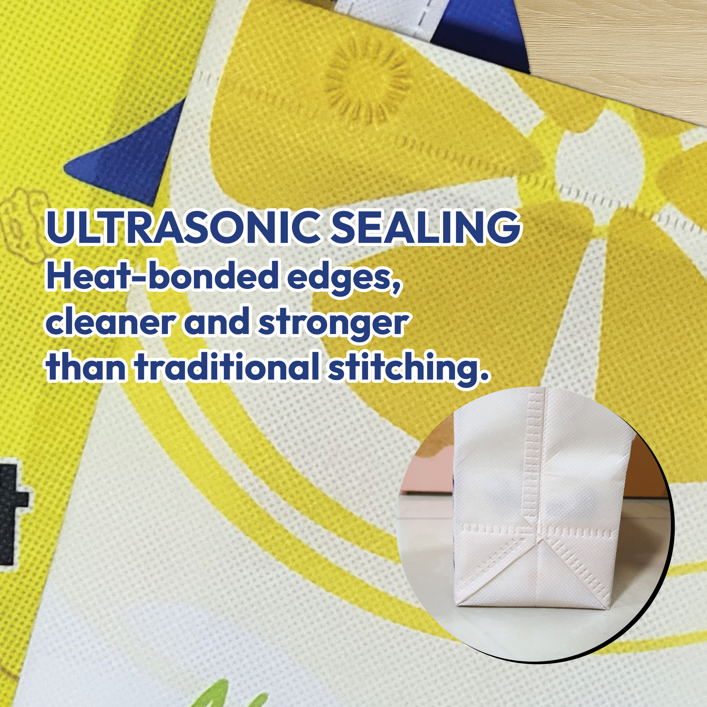Ultrasonic finishing on rPET non-woven bag for stronger bag edge