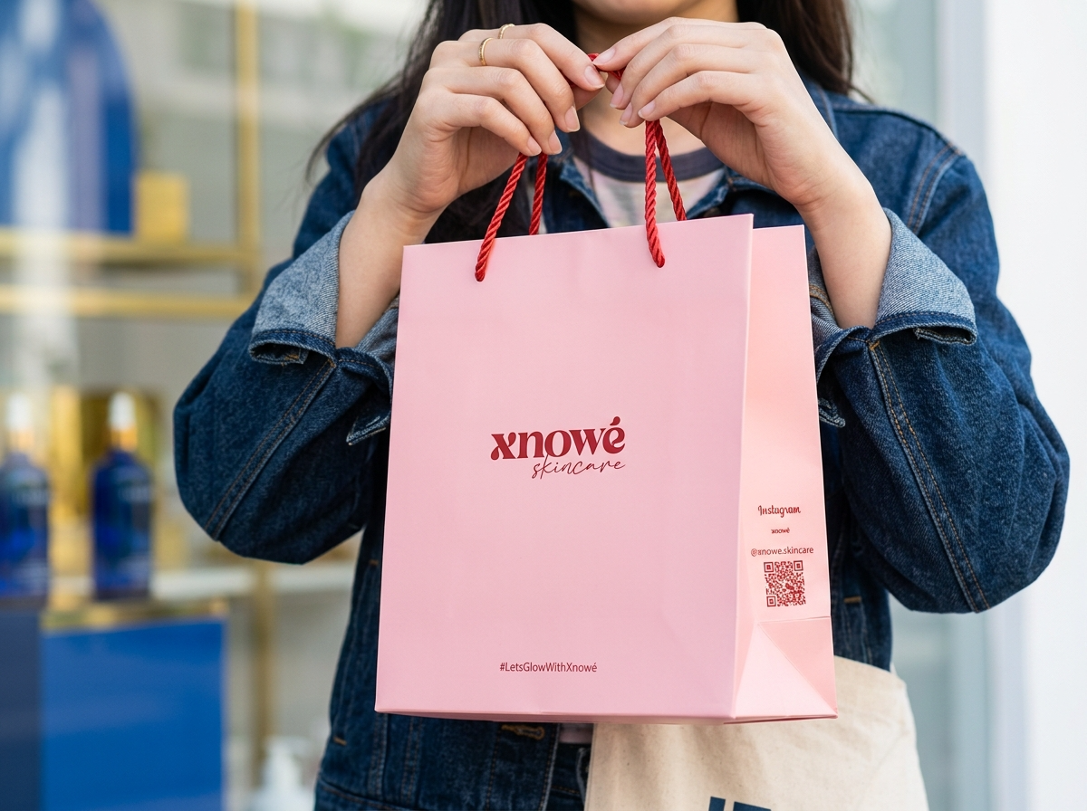 Custom pink paper bag with rope handle for skincare and retail branding