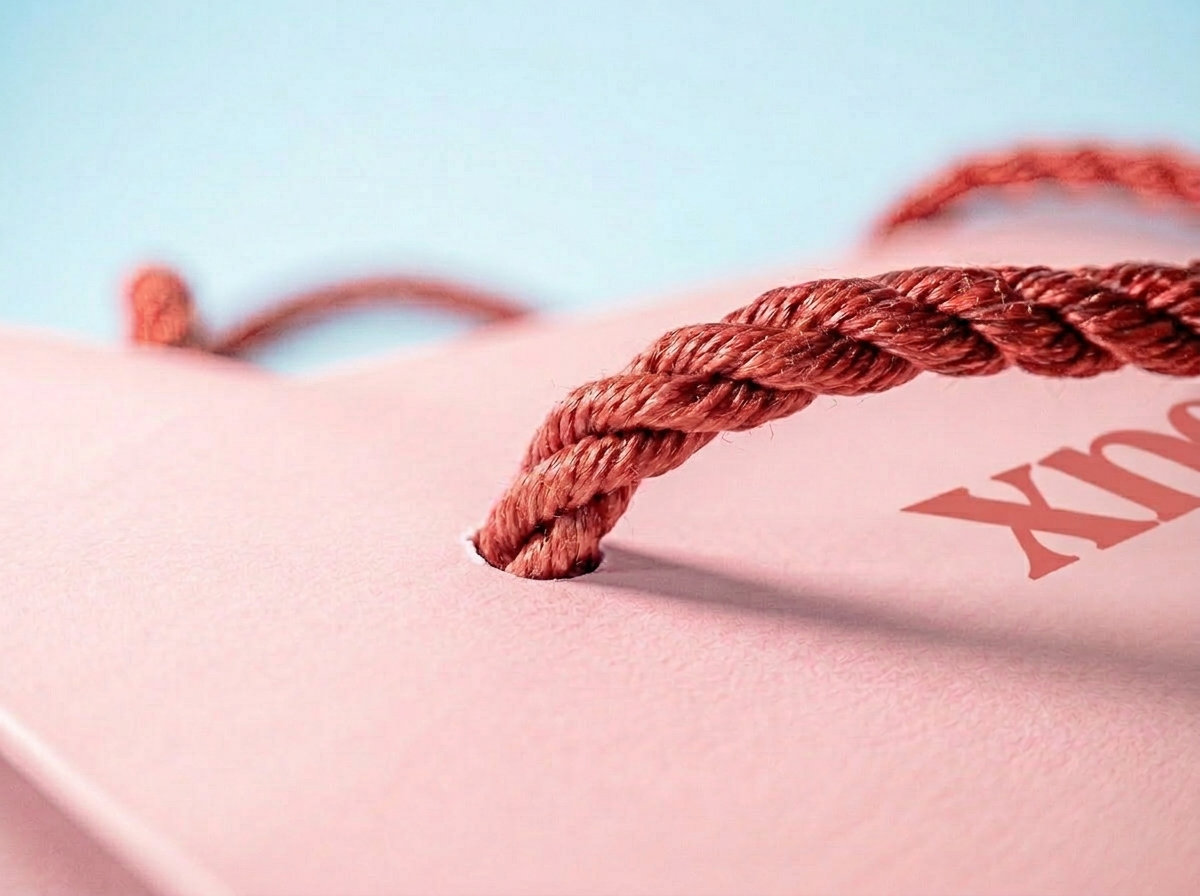 Close-up of rope handle on a custom laminated paper bag