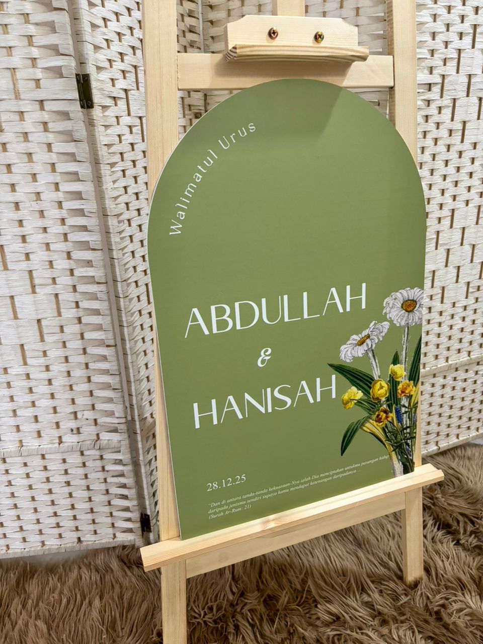 Custom arch KT board wedding welcome sign displayed on wooden easel