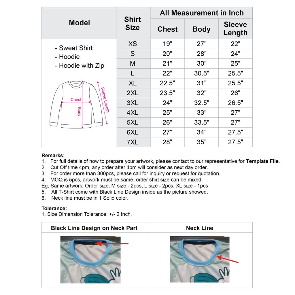 Sublimation Hoodie Size Chart & Remarks-01