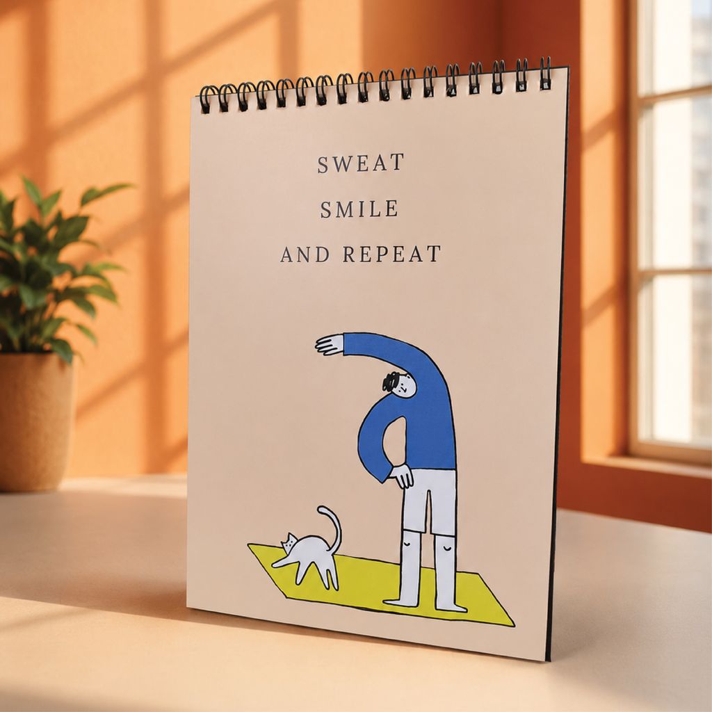 Portrait desk calendar standing on a desk with a custom printed design