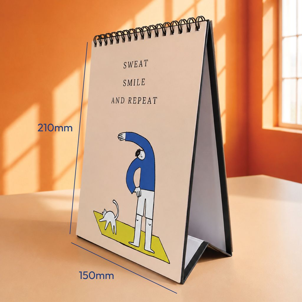 Portrait desk calendar with a printed illustration design on the stand