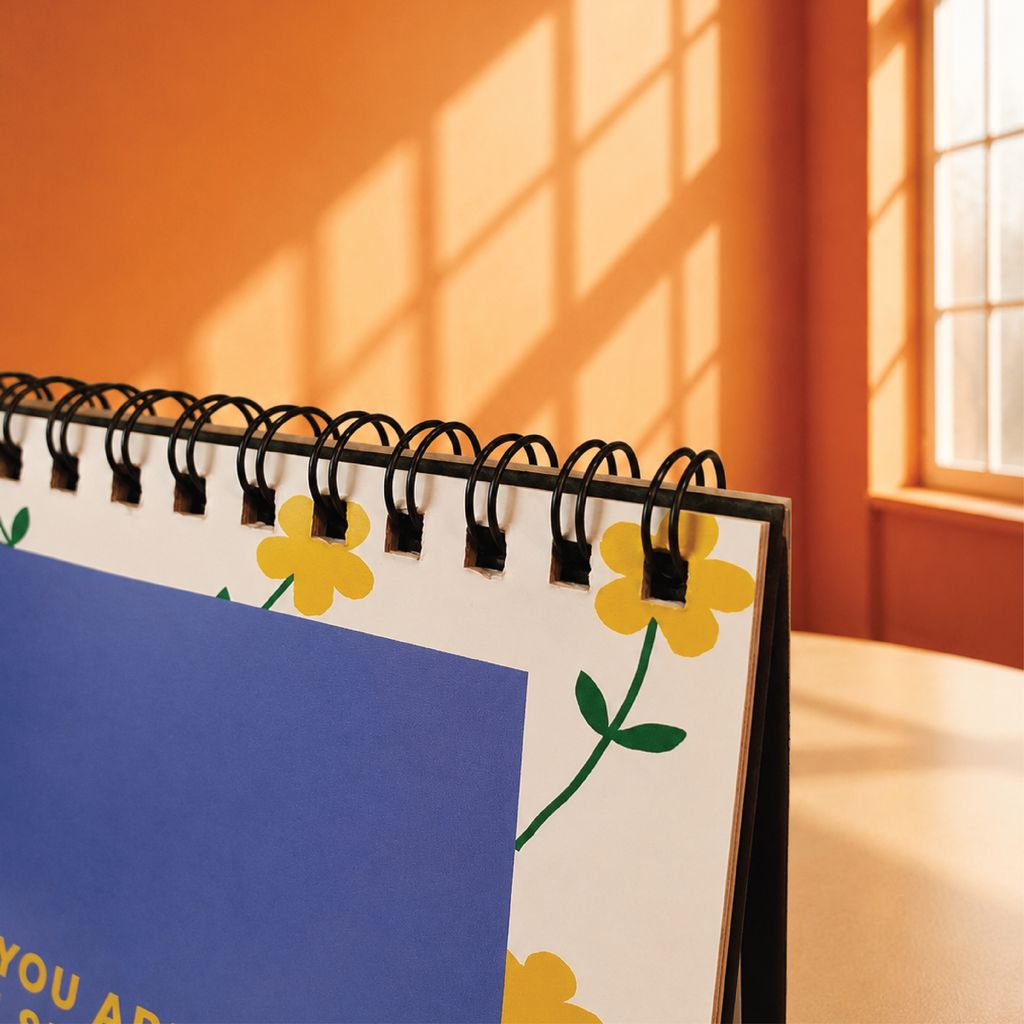 Close-up of a desk calendar wire binding and printed page